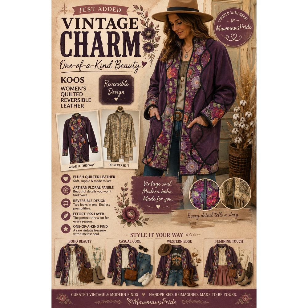VIntage Women's Purple Floral Quilted L/XL long Leather Jacket Coat Reversible